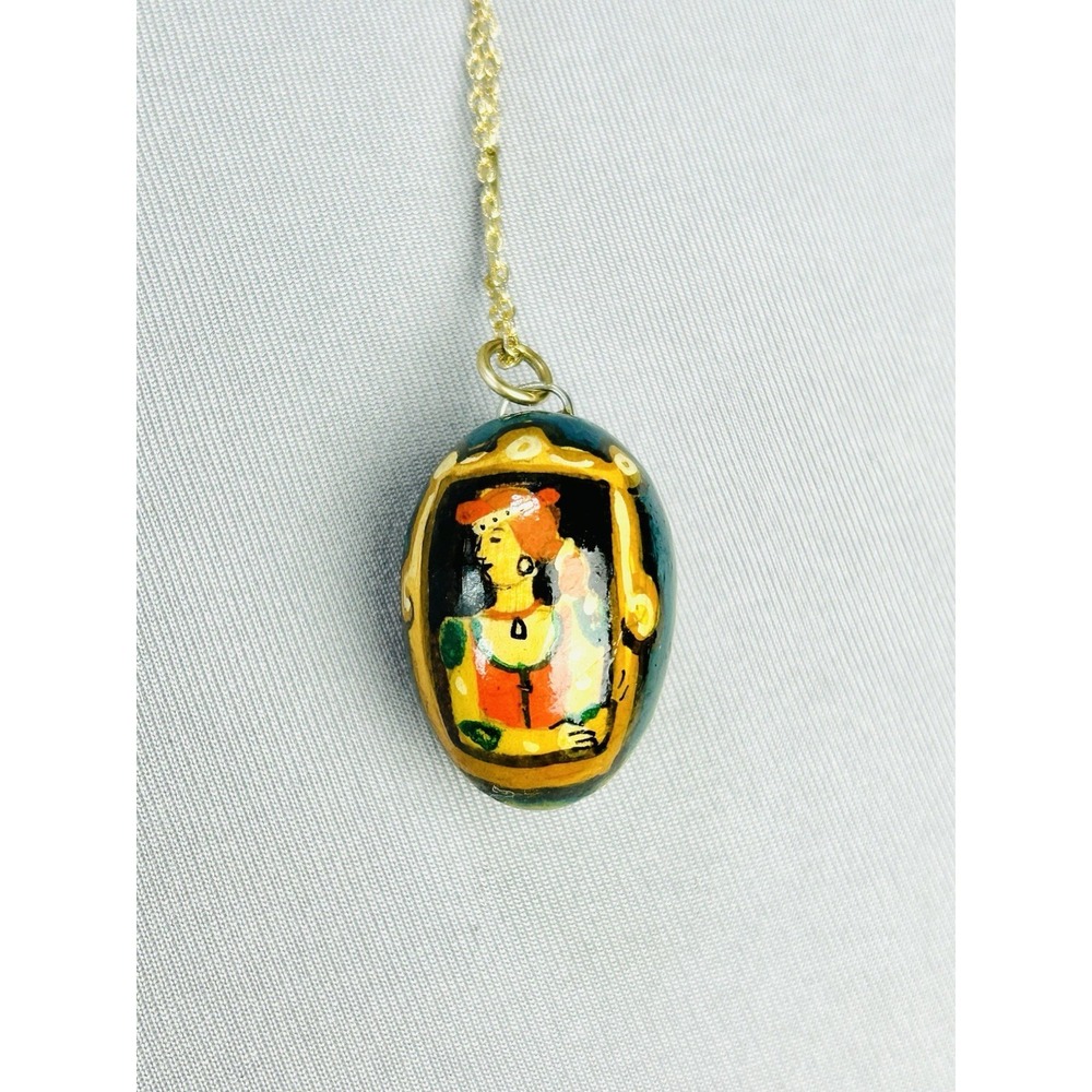 Vintage Wooden Hand Painted Egg Portrait & Flowers Pendant On Chain Necklace '85